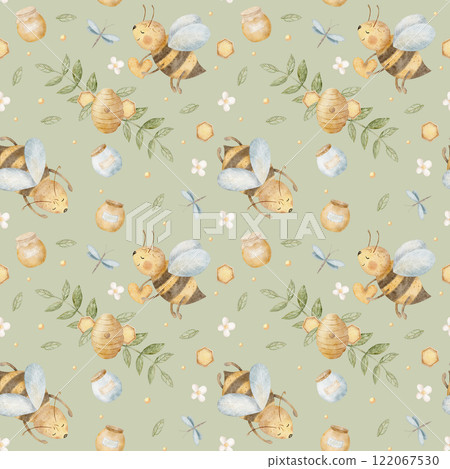 Watercolor illustration pattern of bee with honey jar, flying around hive and honeycomb. Repeating seamless print on green pastel background for textile, fabric, packaging, wallpaper 122067530