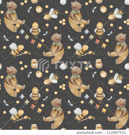 Watercolor seamless pattern bears holding a garland of flags, bees with jars flying around. Illustration is hand drawn in cartoon style. Print on a dark background fabric, textile, clothes, wallpaper Watercolor seamless pattern bears holding a garland of flags, bees with jars flying around. Illustration is hand drawn in cartoon style. Print on a dark background fabric, textile, clothes, wallpaper 122067531