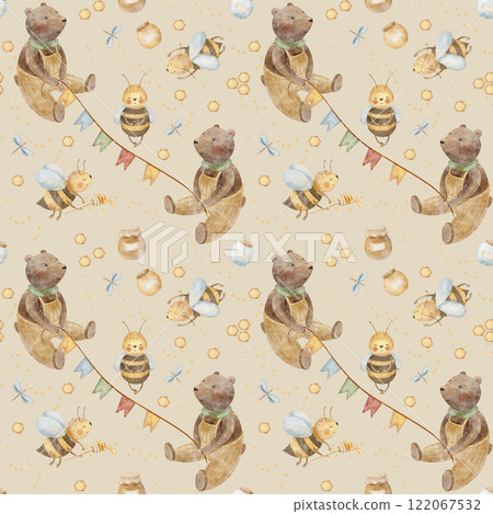Watercolor seamless baby pattern bear bees garland honey jar. Hand drawn illustration in cartoon style. Endless print on beige pastel background for fabric, textile, baby clothes, wallpaper nursery 122067532