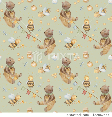 Watercolor seamless baby pattern bear bees garland honey jar. Hand drawn illustration in cartoon style. Endless print on green pastel background for fabric, textile, baby clothes, wallpaper nursery Watercolor seamless baby pattern bear bees garland honey jar. Hand drawn illustration in cartoon style. Endless print on green pastel background for fabric, textile, baby clothes, wallpaper nursery 122067533