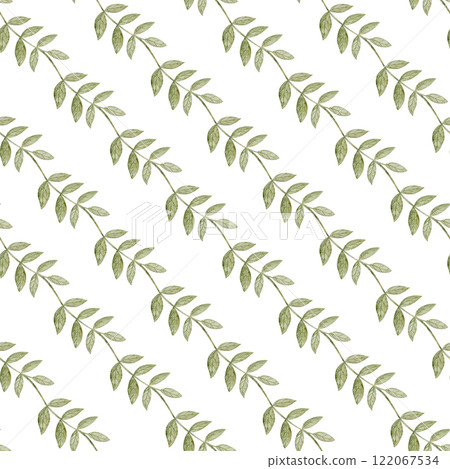 Watercolor seamless pattern of green leaves, branches. Illustrations are isolated on a white background. Ornament for design, printing on textile, fabric, packaging, clothes, cards, bags, wallpaper 122067534