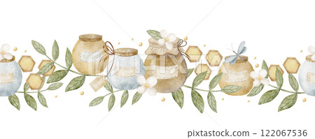 Seamless watercolor border of honey jar in leaves and flowers. Hand drawn illustration on white for packaging, greeting card, banner 122067536