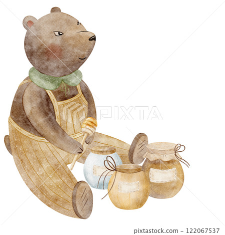 Watercolor illustration bear sitting with jar, spoon of honey. Element in children's style isolated on white background for templates of invitations, greeting cards, posters, tableware, clothes 122067537