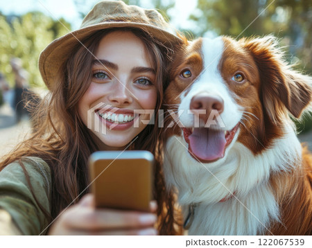 beautiful young woman with dog, portrait in park 122067539