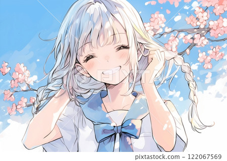 櫻花和可愛的女孩插畫/學生圖像“AI生成圖像” 122067569