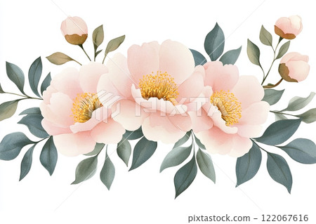 This artwork features a graceful arrangement of blush peonies accompanied by soft green leaves. The high-detail watercolor technique showcases pastel tones, delivering a soothing and minimalistic 122067616