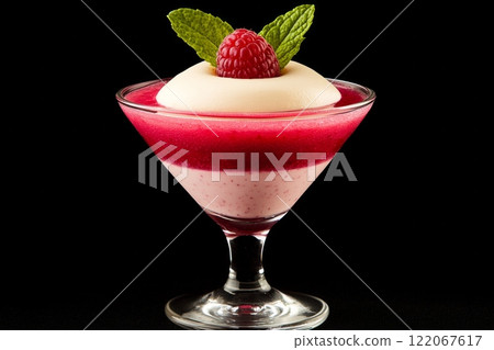 This gourmet dessert features layers of creamy mousse and vibrant berry compote in a clear glass. 122067617