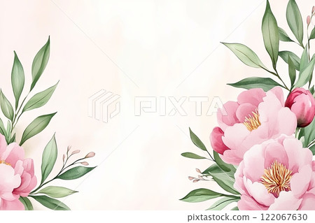 Delicate watercolor artwork features blush peonies surrounded by soft green leaves, showcasing smooth color transitions and subtle shadows. 122067630