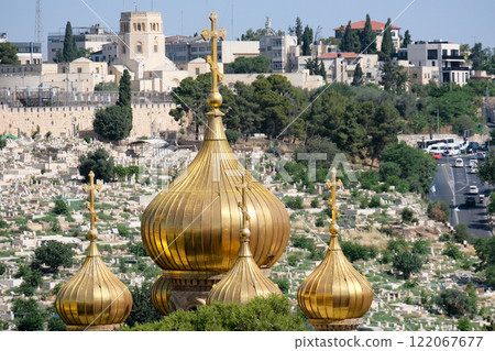View of the golden domes of the Church of Mary Magdalene View of the golden domes of the Church of Mary Magdalene 122067677