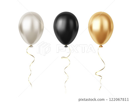 Set of Realistic 3D Silver Gold Black Party Event Balloons Isolated on White Background 122067811