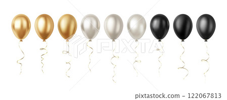 Set of Realistic 3D Silver Gold Black Party Event Balloons Isolated on White Background 122067813