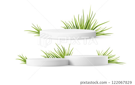 Product Podium Display Stands with Green Fresh Grass Plant Isolated on the White Background 122067829