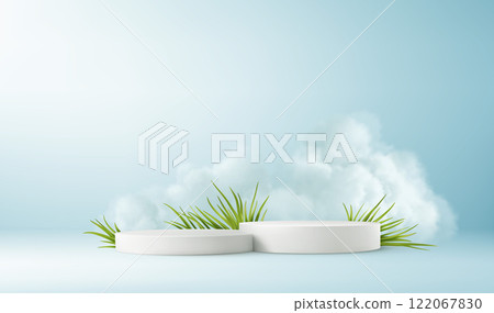 Minimalist Product Podium with Green Grass Leaves and Clouds on a Light Blue Background 122067830