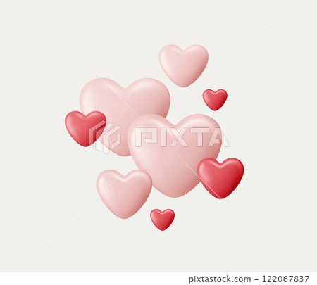 Colorful Floating Pink and Red Hearts on a White Background. 122067837