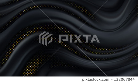 Abstract Black and Gold Wavy Pattern Background with Elegant Dotted Texture. Modern abstract design showcasing flowing black waves enriched with golden halftone dot. Vector illustration Abstract Black and Gold Wavy Pattern Background with Elegant Dotted Texture. Modern abstract design showcasing flowing black waves enriched with golden halftone dot. Vector illustration 122067844