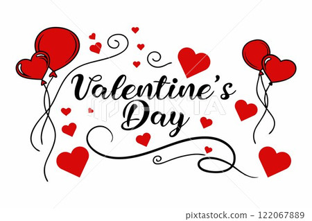 Festive Valentine's Day Design with Balloons and Hearts. A cheerful and romantic Valentine's Day graphic design featuring the words "Valentine's Day" in a stylized, elegant font. 122067889