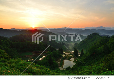 早晨的山越單杉梯田池塘(新潟縣) 早晨的山越單杉梯田池塘(新潟縣) 122068030