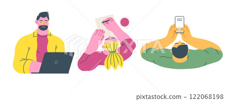 Writing people, modern flat vector concept illustrations set people writing on paper or device. Metaphor for reflection, insight, contemplation, creative expression 122068198