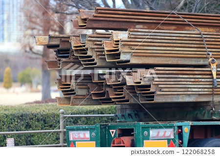 Image of a truck transporting sheet piles Image of a truck transporting sheet piles 122068258