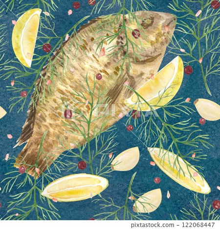 Fried sea bream fish lemon, dill, garlic, salt and pepper watercolor seamless pattern on sea green background. High quality illustration for baking paper, fishing, recipe book, textile, kitchen design Fried sea bream fish lemon, dill, garlic, salt and pepper watercolor seamless pattern on sea green background. High quality illustration for baking paper, fishing, recipe book, textile, kitchen design 122068447