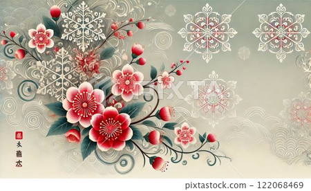 雪環圖案和紅梅花 雪環圖案和紅梅花 122068469
