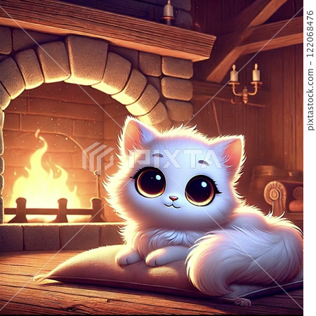 白貓在壁爐前放鬆 白貓在壁爐前放鬆 122068476