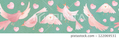 Birds flying, singing, and pink hearts, hand painted watercolor seamless border on turquoise. High quality pink clip art in cartoon style great for children products, wrapping paper, textile 122069531