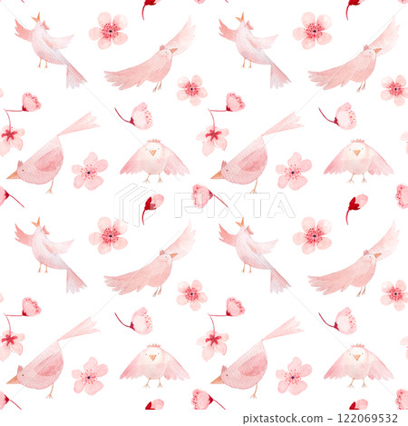 Sakura flowers and birds in different poses, monochromatic hand painted watercolor seamless pattern isolated on white. High quality pink art perfect for children design, wrapping paper, women textile 122069532
