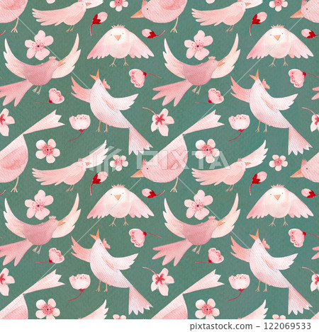 Sakura flowers and birds in different poses, monochromatic hand painted watercolor seamless border on turquoise. High quality pink art perfect for children design, wrapping paper, women textile, scarf 122069533