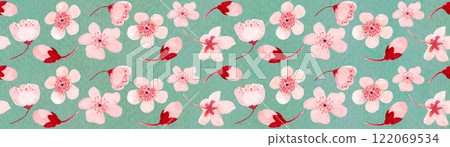 Pink sakura flowers seamless watercolor border on turquoise background. Hand painted high quality illustrations for wrapping paper, textile, cards, wedding invitations, beauty salon ads, packaging 122069534