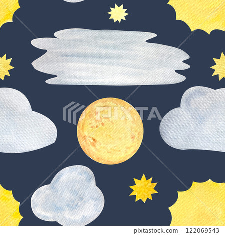 Sun, moon, stars and clouds watercolor seamless pattern on dark blue background. Hand painted high quality clip art illustrations. Perfect for children room decor, wrapping paper, textile decor Sun, moon, stars and clouds watercolor seamless pattern on dark blue background. Hand painted high quality clip art illustrations. Perfect for children room decor, wrapping paper, textile decor 122069543