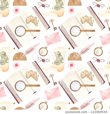 Open geography book with Afrika's map, magnifying glass, pocket watch, protractor watercolor seamless pattern isolated on white. Hand painted for bookstore, geography vintage design, wrapping paper Open geography book with Afrika's map, magnifying glass, pocket watch, protractor watercolor seamless pattern isolated on white. Hand painted for bookstore, geography vintage design, wrapping paper 122069544