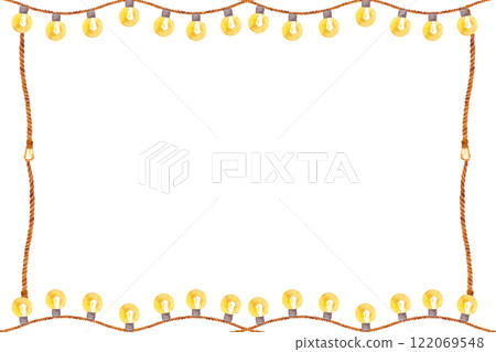 String lights, watercolor horizontal frame isolated on white. Hand painted clip art perfect for design, theater tickets, interior decor, cards, banners, dressing room mirror String lights, watercolor horizontal frame isolated on white. Hand painted clip art perfect for design, theater tickets, interior decor, cards, banners, dressing room mirror 122069548