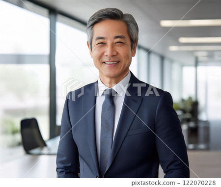 在辦公室拍攝的 50 多歲或 60 多歲的微笑商人的肖像 122070228