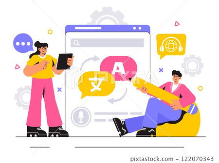 Translator Service Vector Illustration Featuring Multilanguage Translation for Various Countries Using a Dictionary in a Flat Style Cartoon Background Translator Service Vector Illustration Featuring Multilanguage Translation for Various Countries Using a Dictionary in a Flat Style Cartoon Background 122070343