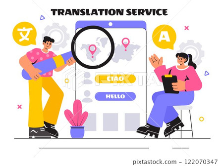 Translator Service Vector Illustration Featuring Multilanguage Translation for Various Countries Using a Dictionary in a Flat Style Cartoon Background 122070347