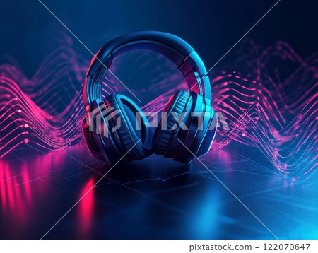 Wireless headphones with futuristic neon sound waves and digital music vibes. 122070647
