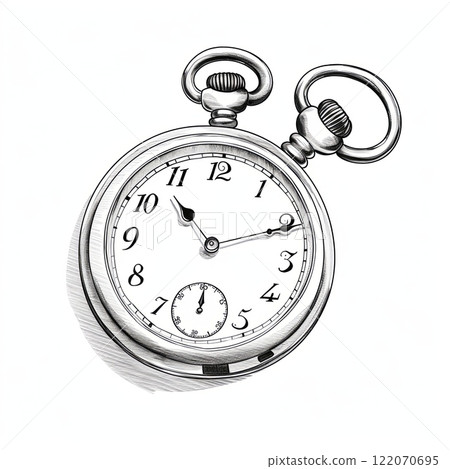 Black and white simple pocket watch with Roman numerals isolated on white background. 122070695