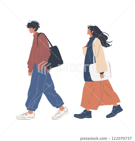 Illustration of a man and a woman walking together Illustration of a man and a woman walking together 122070737