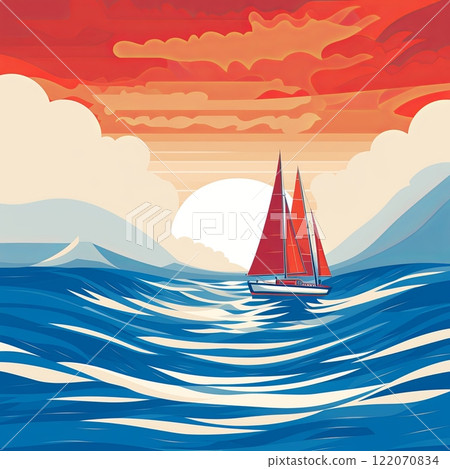 Stunning Red and White Sailboat Gliding Through Turquoise Waters at a Vibrant Sunset 122070834
