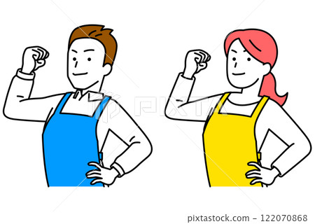 一組穿著圍裙的男人和女人製作二頭肌 122070868