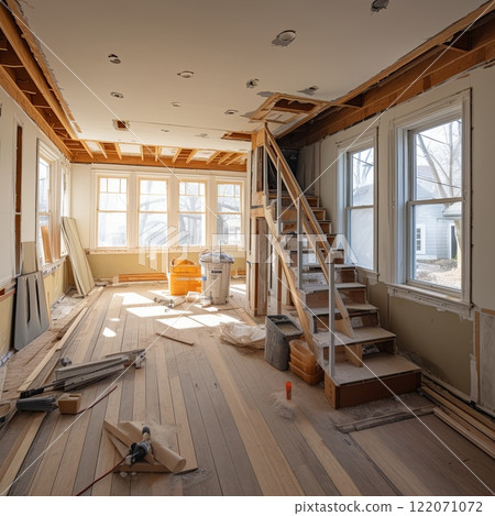 Home renovation project underway with exposed staircase and walls 122071072