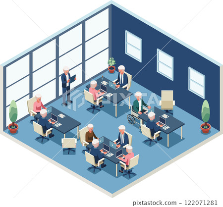 Isometric Elderly People Working in a Modern Office Isometric Elderly People Working in a Modern Office 122071281