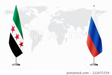Syrian Revolution and Russia flags for official meeting Syrian Revolution and Russia flags for official meeting 122071559