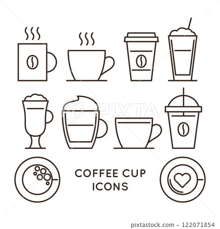Coffee and tea cups linear icons set 122071854