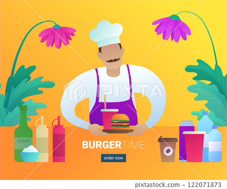 Burger time web banner with restaurant cook Burger time web banner with restaurant cook 122071873