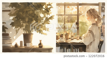 在家工作的女孩。女士。水彩。插圖。插圖。 122072016