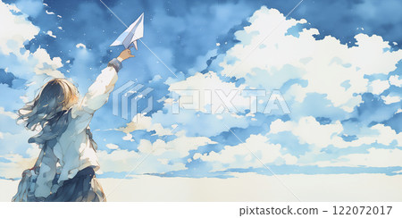 一個女孩在駕駛紙飛機。女士。水彩。插圖。插圖。 一個女孩在駕駛紙飛機。女士。水彩。插圖。插圖。 122072017