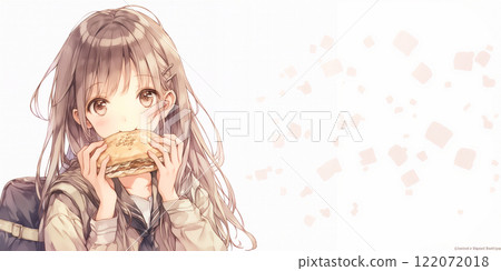 一個女孩在吃三明治。女士。水彩。插圖。插圖。 122072018