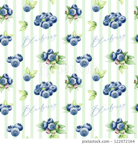 Fresh blueberries with green leaves on striped background seamless pattern. Hand drawn blueberry watercolor vintage style illustration. Perfect for fabric, packaging, decor and food-themed designs 122072164